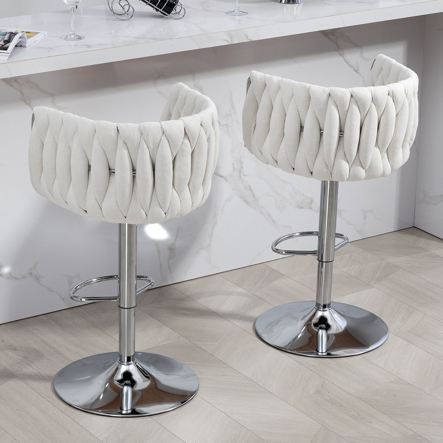 Adjustable Swivel Bar Stools Set of 2 | Beige Fabric Chairs with Woven Back & Chrome Base - 1st Choice Furniture Direct