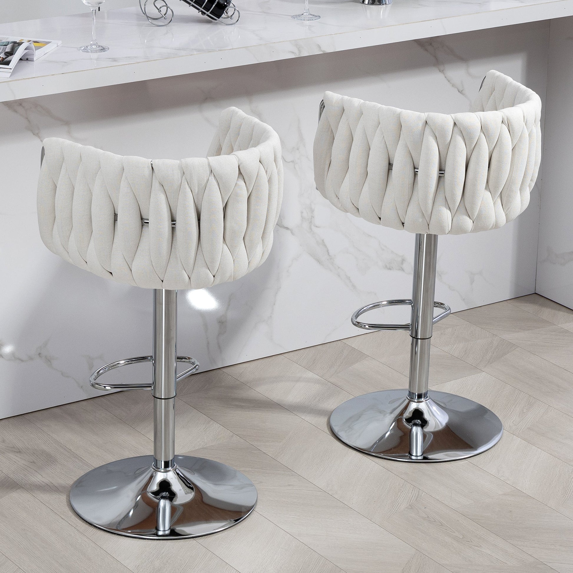Adjustable Swivel Bar Stools Set of 2 | Beige Fabric Chairs with Woven Back & Chrome Base - 1st Choice Furniture Direct
