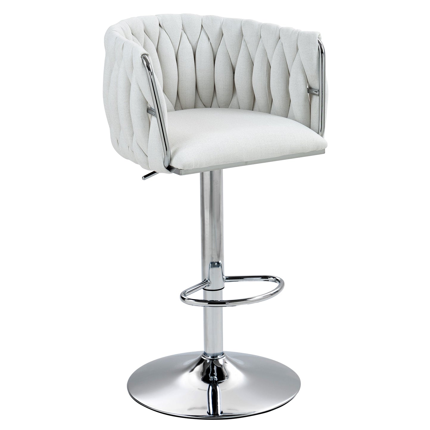 Adjustable Swivel Bar Stools Set of 2 | Beige Fabric Chairs with Woven Back & Chrome Base - 1st Choice Furniture Direct