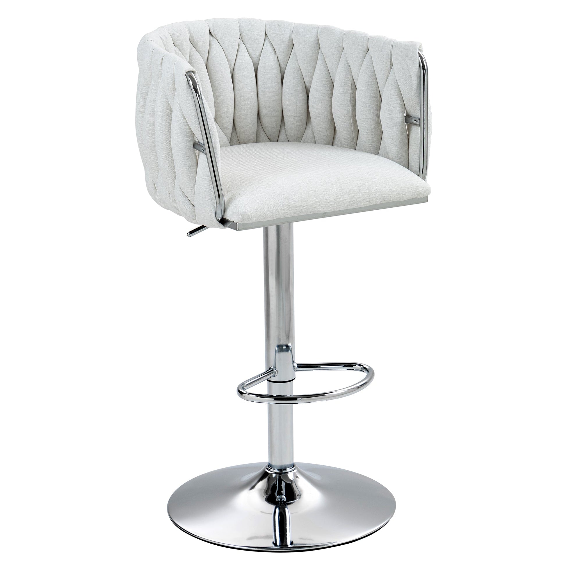 Adjustable Swivel Bar Stools Set of 2 | Beige Fabric Chairs with Woven Back & Chrome Base - 1st Choice Furniture Direct