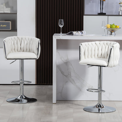 Adjustable Swivel Bar Stools Set of 2 | Beige Fabric Chairs with Woven Back & Chrome Base - 1st Choice Furniture Direct