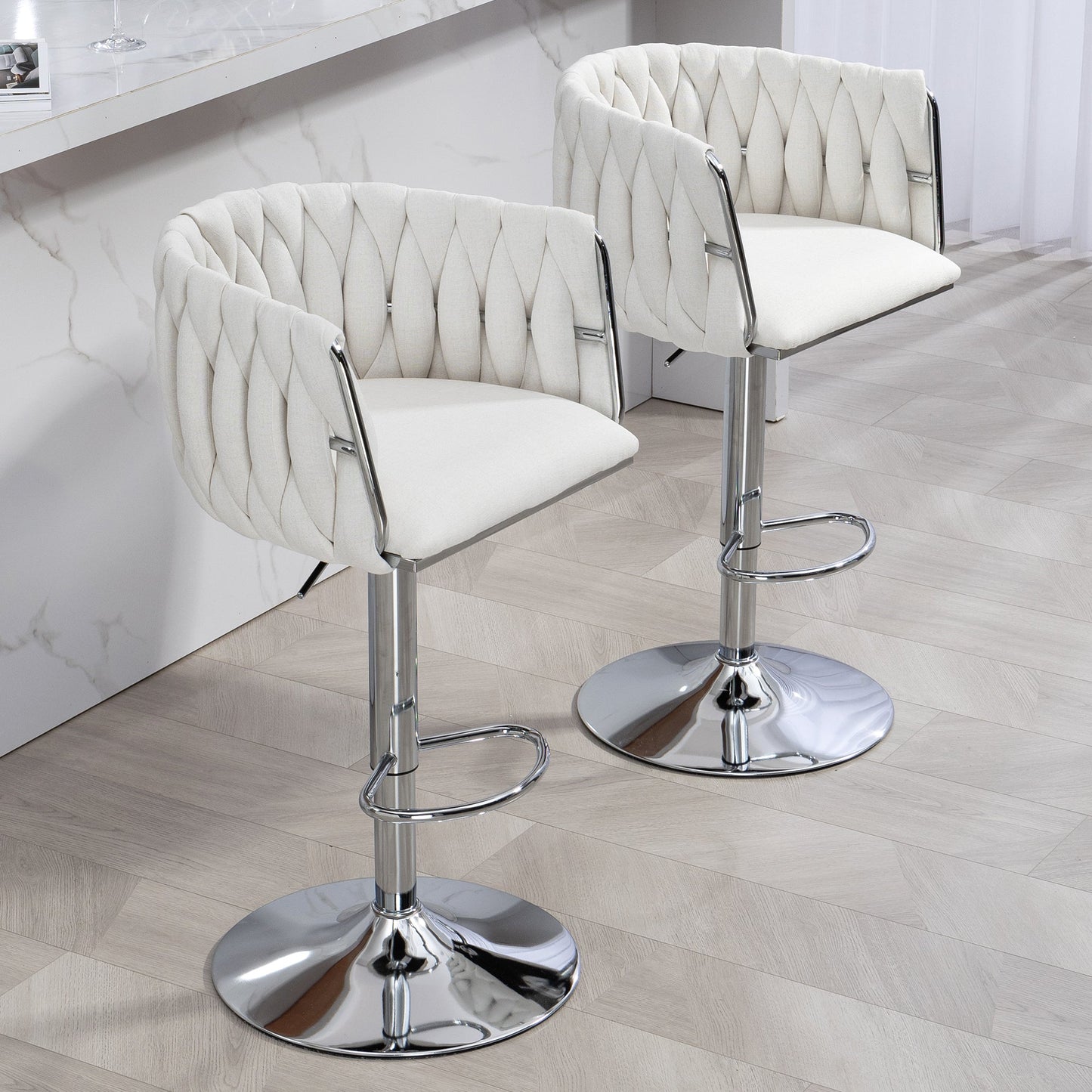Adjustable Swivel Bar Stools Set of 2 | Beige Fabric Chairs with Woven Back & Chrome Base - 1st Choice Furniture Direct