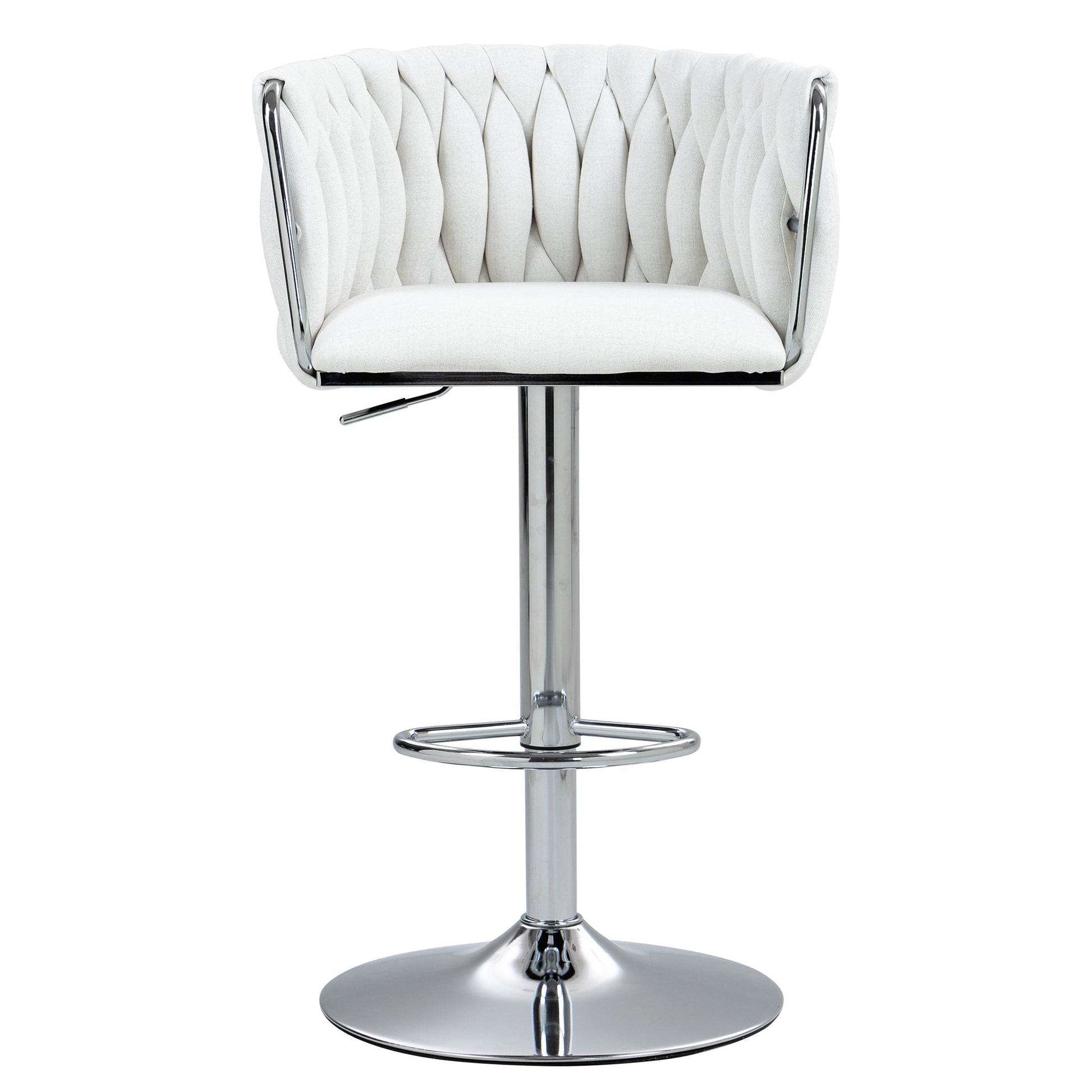 Adjustable Swivel Bar Stools Set of 2 | Beige Fabric Chairs with Woven Back & Chrome Base - 1st Choice Furniture Direct