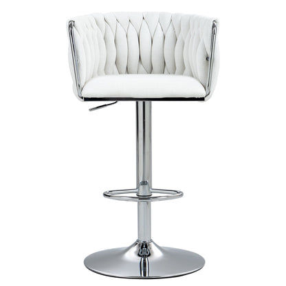 Adjustable Swivel Bar Stools Set of 2 | Beige Fabric Chairs with Woven Back & Chrome Base - 1st Choice Furniture Direct