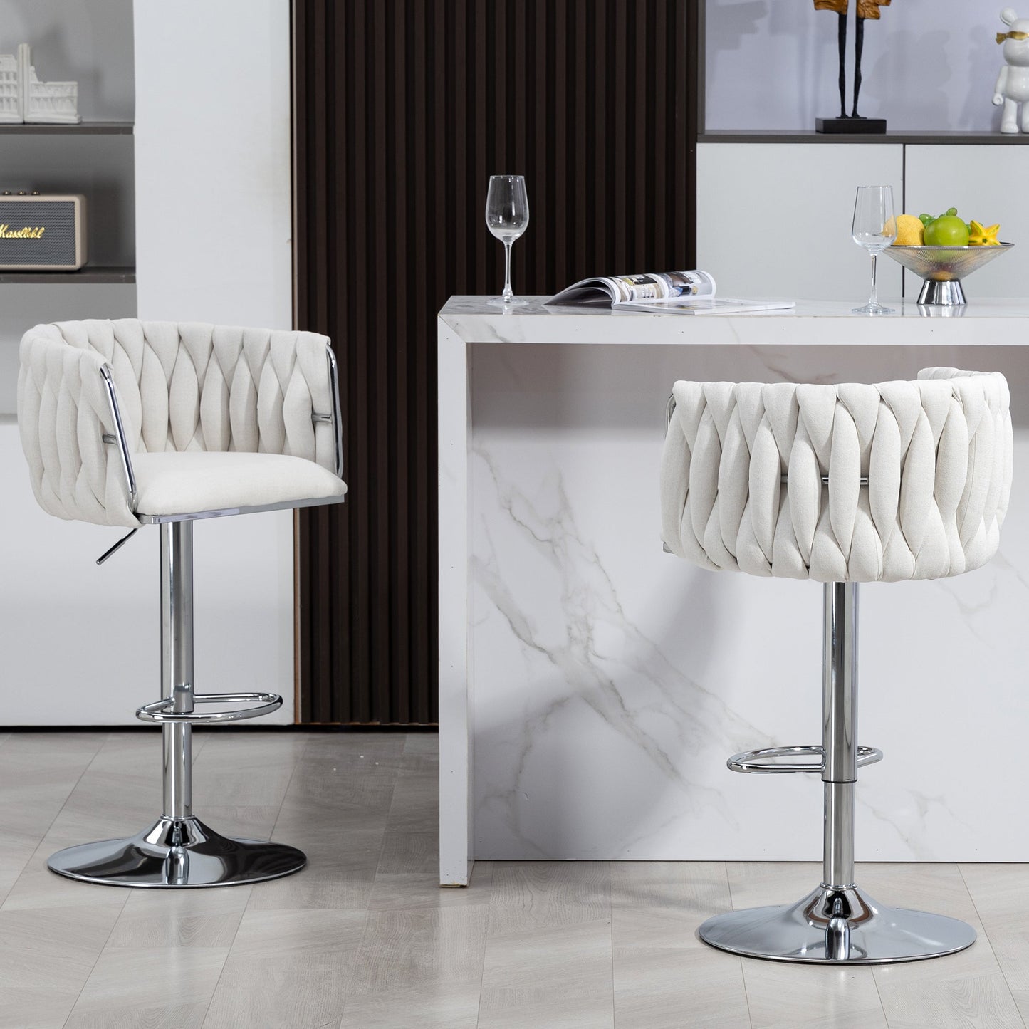 Adjustable Swivel Bar Stools Set of 2 | Beige Fabric Chairs with Woven Back & Chrome Base - 1st Choice Furniture Direct