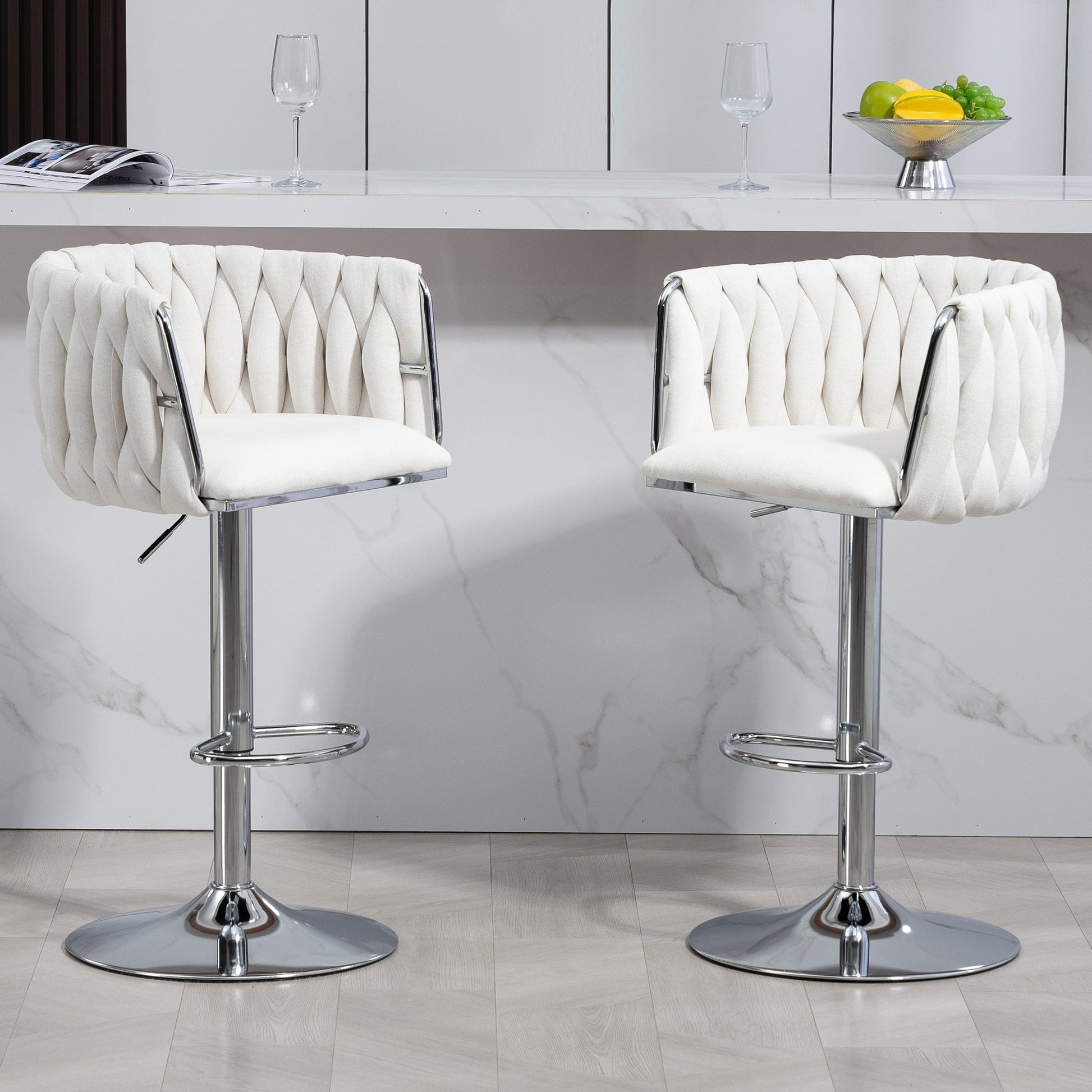 Adjustable Swivel Bar Stools Set of 2 | Beige Fabric Chairs with Woven Back & Chrome Base - 1st Choice Furniture Direct