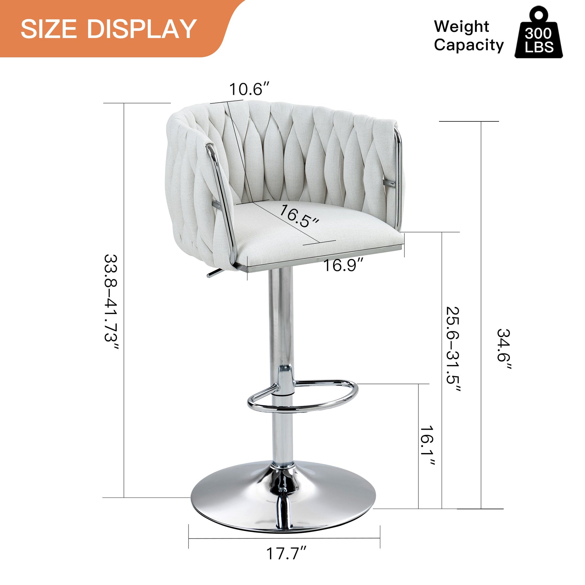Adjustable Swivel Bar Stools Set of 2 | Beige Fabric Chairs with Woven Back & Chrome Base - 1st Choice Furniture Direct