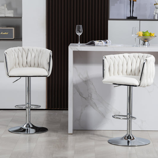 Adjustable Swivel Bar Stools Set of 2 | Beige Fabric Chairs with Woven Back & Chrome Base - 1st Choice Furniture Direct