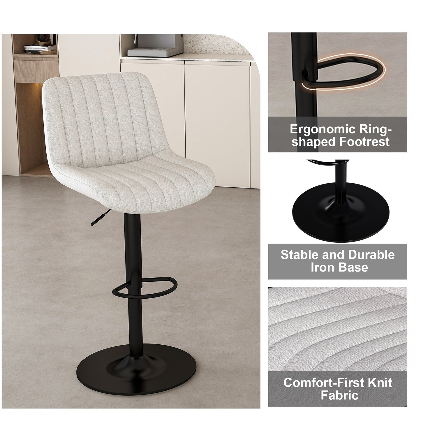 Adjustable Swivel Bar Stools Set of 2 | Beige Fabric Counter & Bar Height Chairs - 1st Choice Furniture Direct
