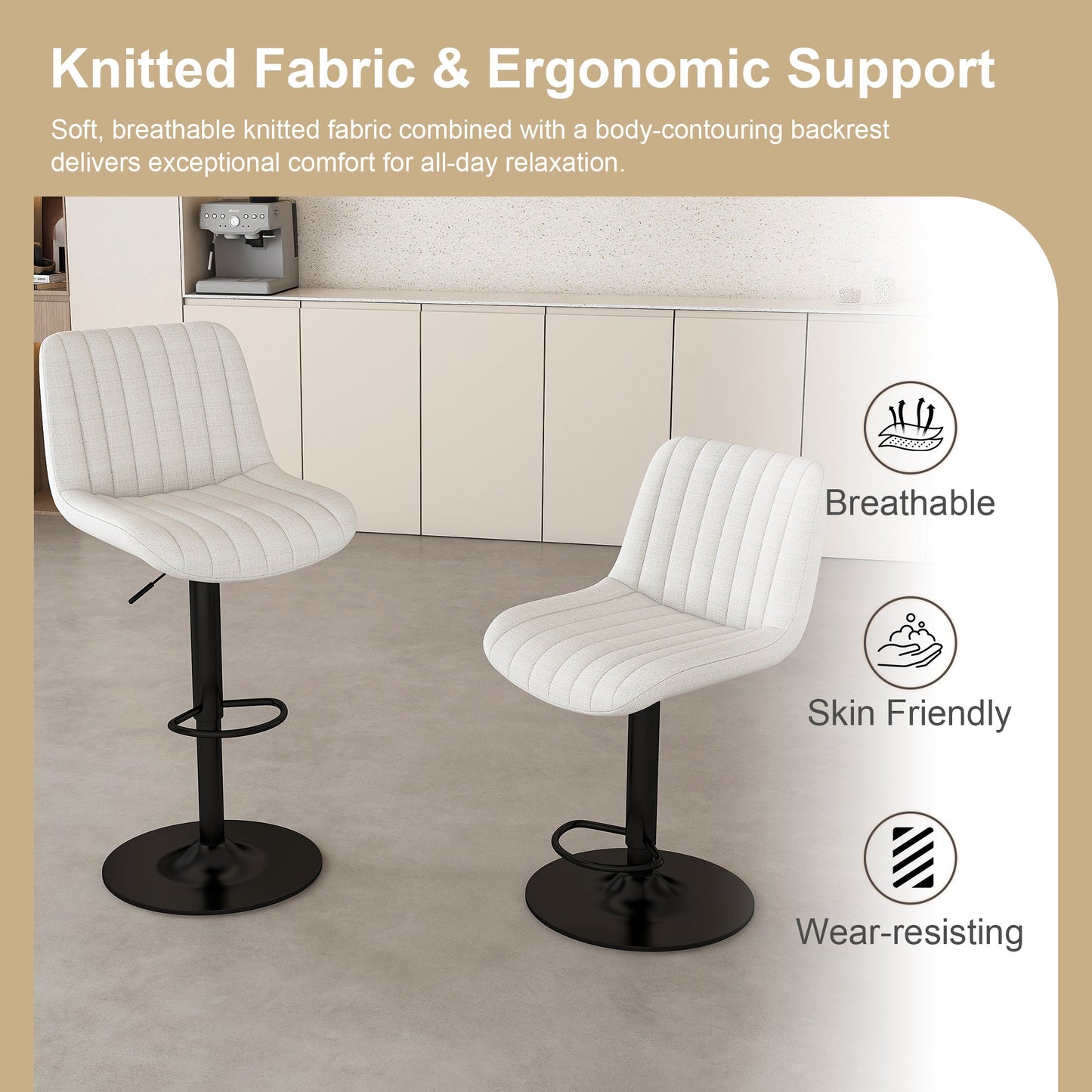 Adjustable Swivel Bar Stools Set of 2 | Beige Fabric Counter & Bar Height Chairs - 1st Choice Furniture Direct