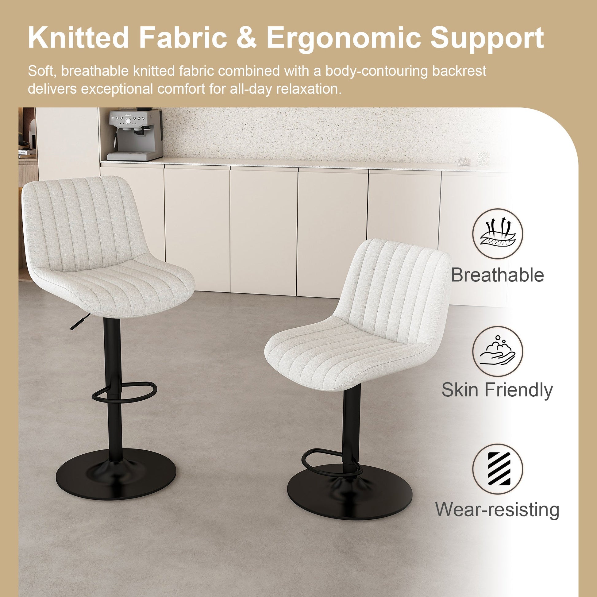 Adjustable Swivel Bar Stools Set of 2 | Beige Fabric Counter & Bar Height Chairs - 1st Choice Furniture Direct