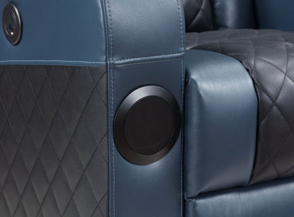 Alair Blue & Black Leather Aire Power Motion Recliner W/Bluetooth, Wireless Charger & Cupholder - 1st Choice Furniture Direct