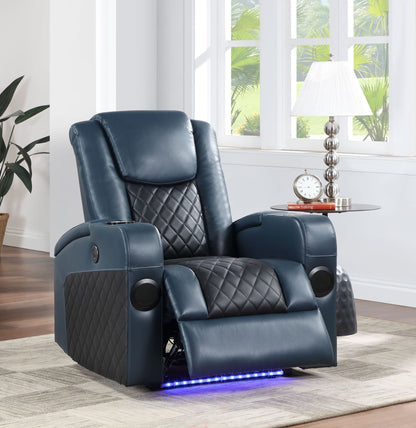 Alair Blue & Black Leather Aire Power Motion Recliner W/Bluetooth, Wireless Charger & Cupholder - 1st Choice Furniture Direct