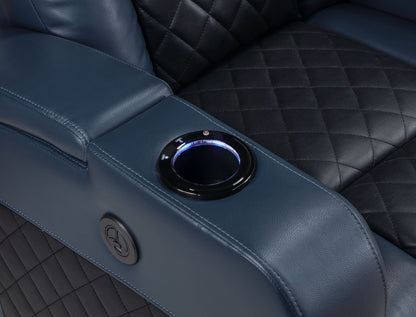 Alair Blue & Black Leather Aire Power Motion Recliner W/Bluetooth, Wireless Charger & Cupholder - 1st Choice Furniture Direct