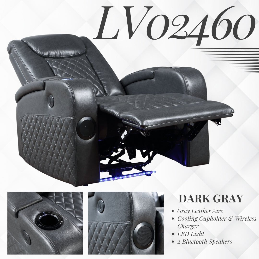 Alair Dark Gray Leather Aire Power Motion Recliner W/Bluetooth, Wireless Charger & Cupholder - 1st Choice Furniture Direct