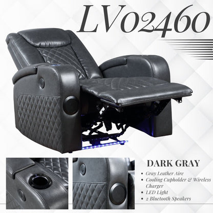 Alair Dark Gray Leather Aire Power Motion Recliner W/Bluetooth, Wireless Charger & Cupholder - 1st Choice Furniture Direct