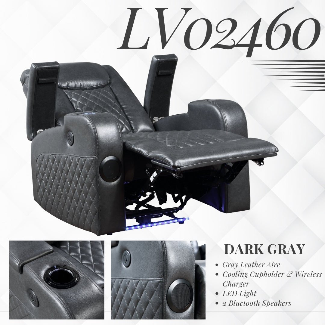 Alair Dark Gray Leather Aire Power Motion Recliner W/Bluetooth, Wireless Charger & Cupholder - 1st Choice Furniture Direct