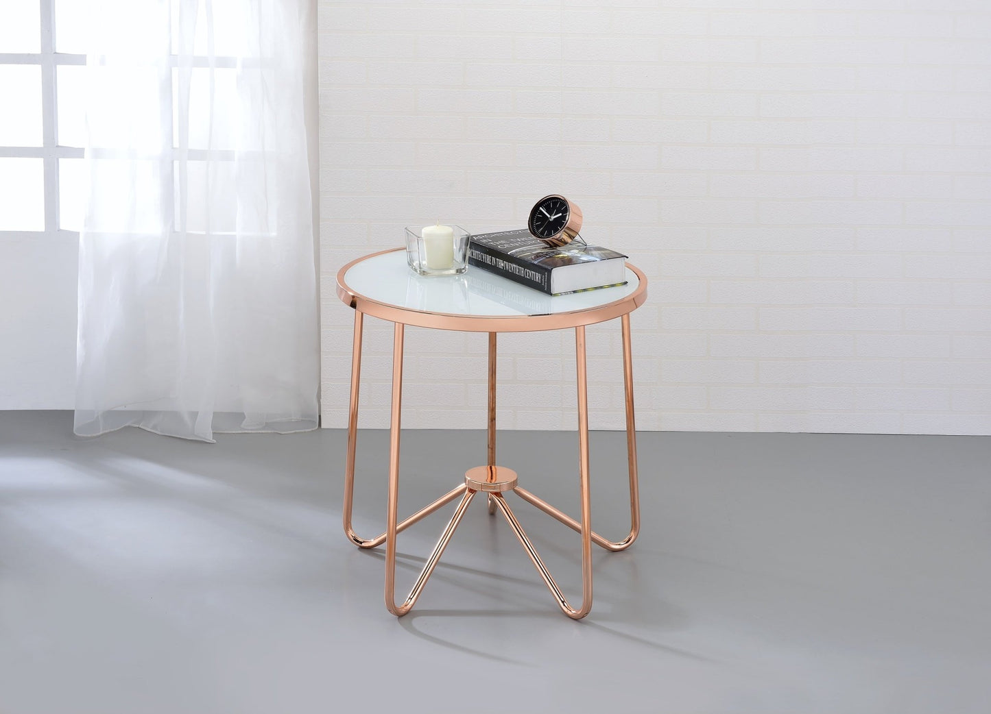 Alivia Frosted Glass & Rose Gold Finish End Table - 1st Choice Furniture Direct
