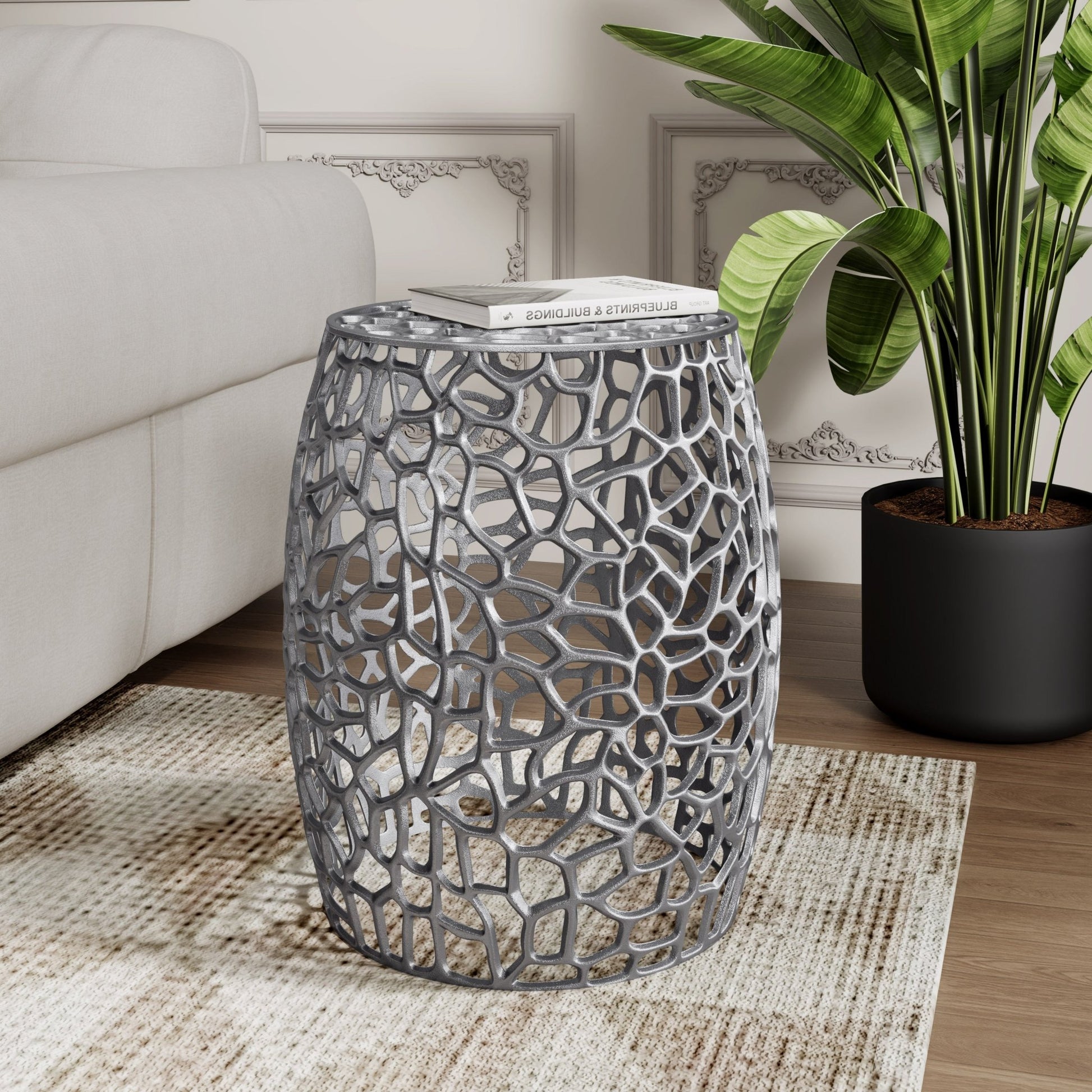 Aluminum Drum End Table with Intricate Design - Silver Nickel - 1st Choice Furniture Direct