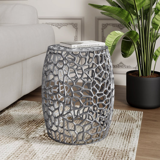 Aluminum Drum End Table with Intricate Design - Silver Nickel - 1st Choice Furniture Direct