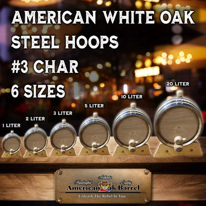 American Oak Barrel American Oak Barrel Authentic Charred Oak Aging Barrel - Age Your Own Spirits - Natural Oak With Black Hoops