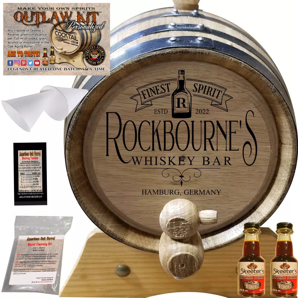 American Oak Barrel Engrave Barrels 1 Liter (.26 gallon) / Cherry Bourbon / None American Oak Barrel Personalized Outlaw Kit™ (213) My Whiskey Bar - Create Your Own Spirits