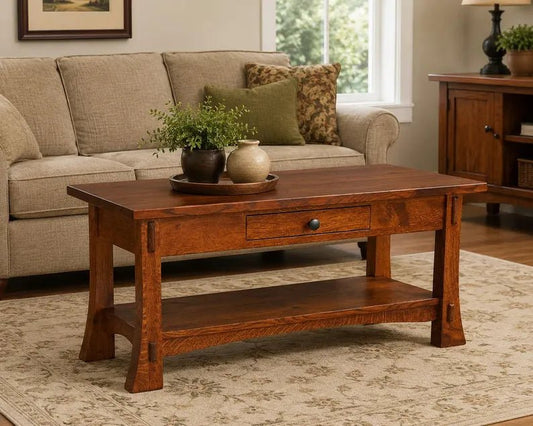 Amish Mission Style Solid Oak Coffee Table with Drawer - 1st Choice Furniture Direct