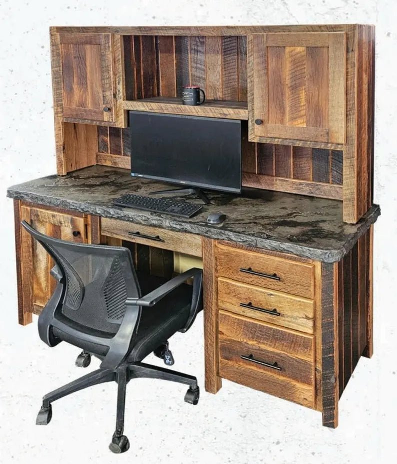 Amish Reclaimed Barn Wood Desk with Concrete Top | Handmade USA Office Workstation - 1st Choice Furniture Direct