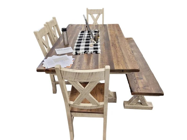 Amish Reclaimed Barnwood Dining Set with Bench | Western Railway - 1st Choice Furniture Direct
