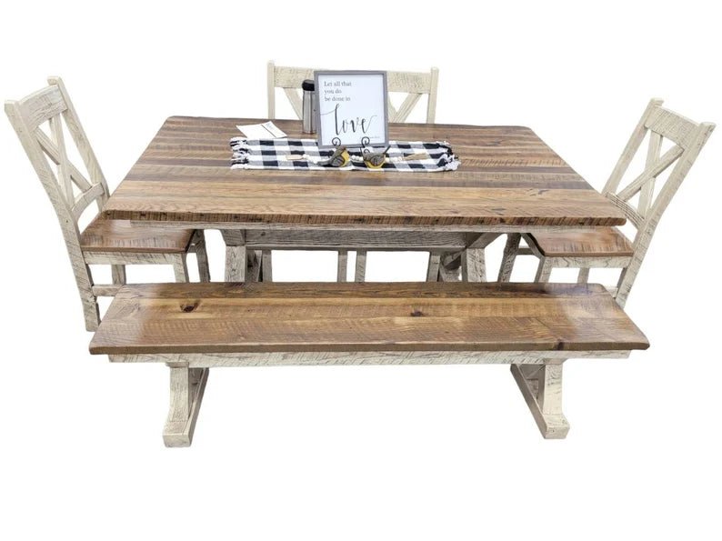 Amish Reclaimed Barnwood Dining Set with Bench | Western Railway - 1st Choice Furniture Direct
