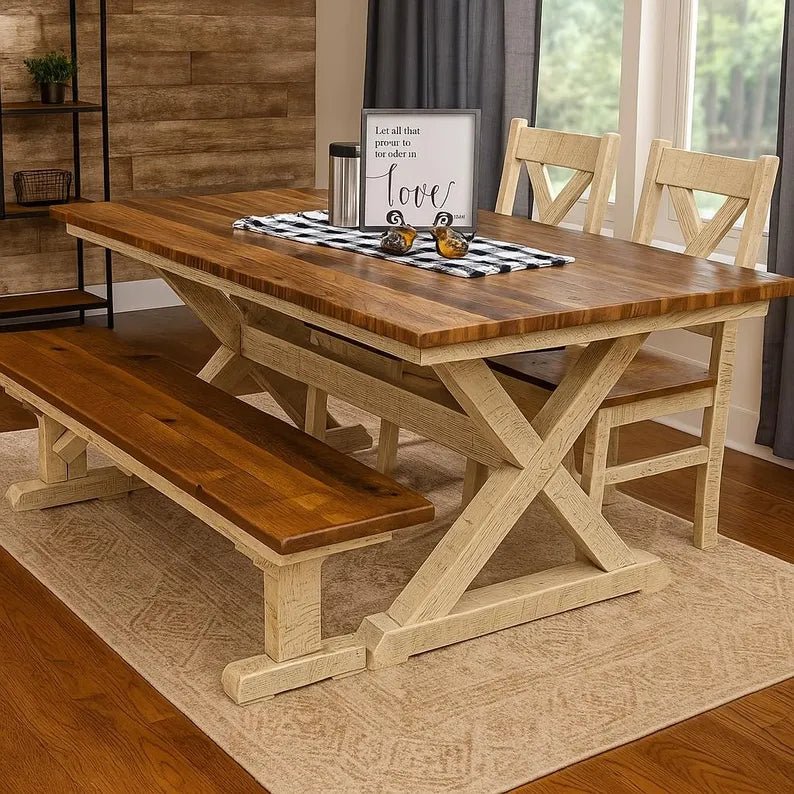 Amish Reclaimed Barnwood Dining Set with Bench | Western Railway - 1st Choice Furniture Direct
