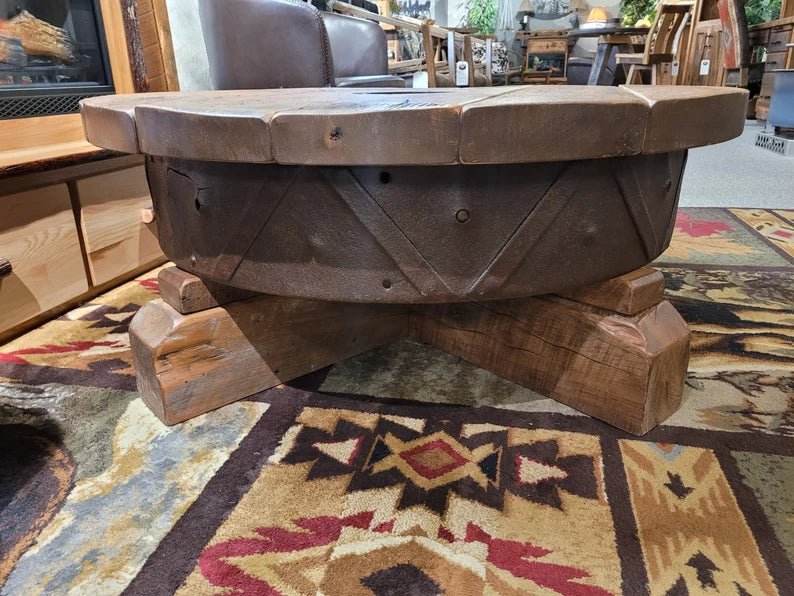 Amish Steel Wheel Reclaimed Oak Coffee Table – Rustic Wagon Wheel Design - 1st Choice Furniture Direct