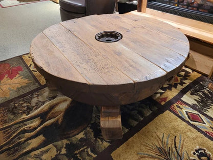 Amish Steel Wheel Reclaimed Oak Coffee Table – Rustic Wagon Wheel Design - 1st Choice Furniture Direct