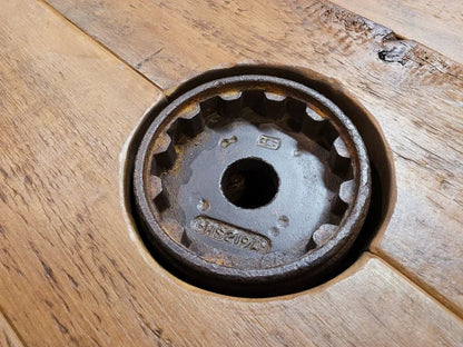 Amish Steel Wheel Reclaimed Oak Coffee Table – Rustic Wagon Wheel Design - 1st Choice Furniture Direct