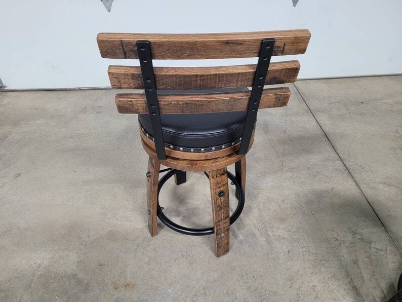Amish Whiskey Barrel Bar Stool – Rustic Leather Seat Stave Stool Made in USA - 1st Choice Furniture Direct