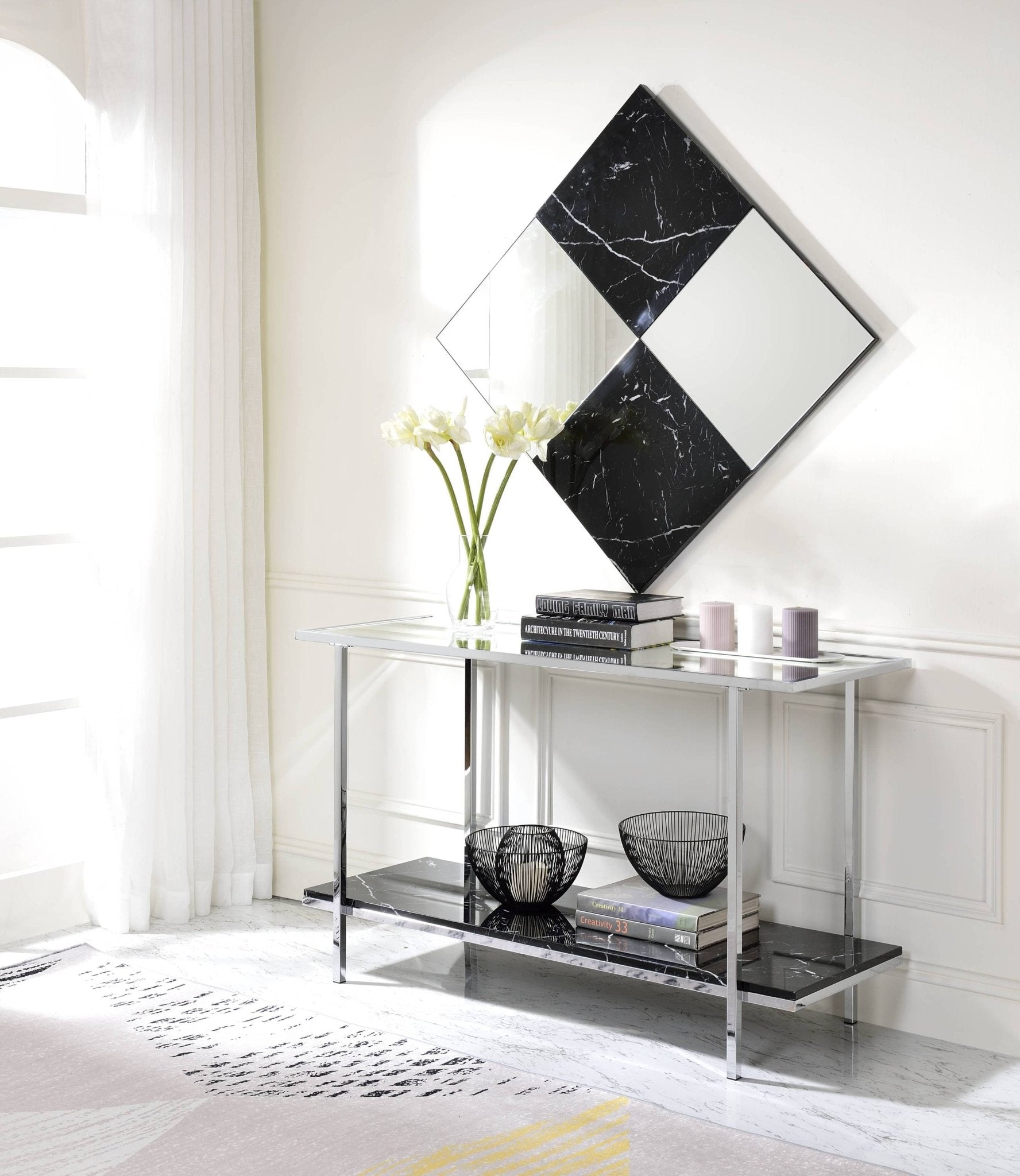 Angwin Mirrored Faux Marble & Chrome Console Table - 1st Choice Furniture Direct