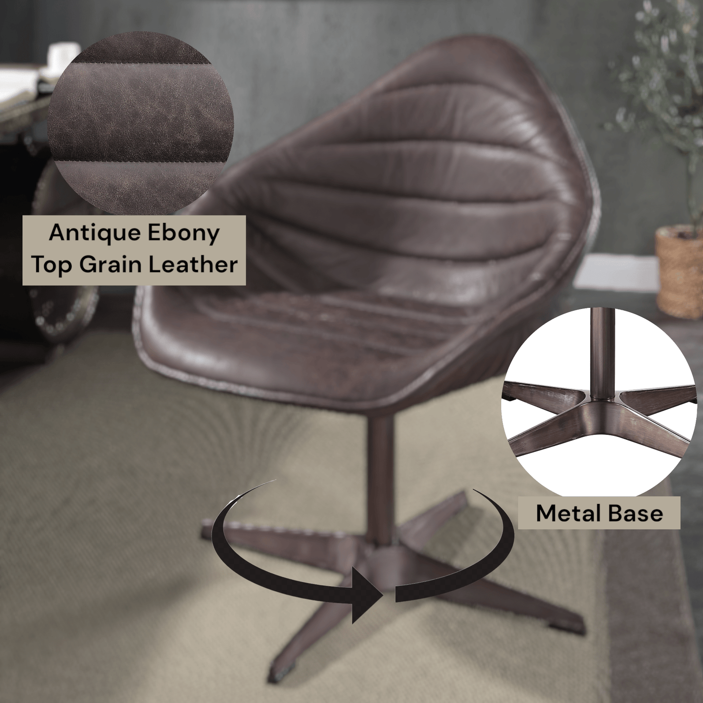 Antique Ebony Top Grain Leather Swivel Accent Chair - 1st Choice Furniture Direct