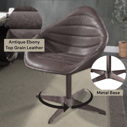 Antique Ebony Top Grain Leather Swivel Accent Chair - 1st Choice Furniture Direct