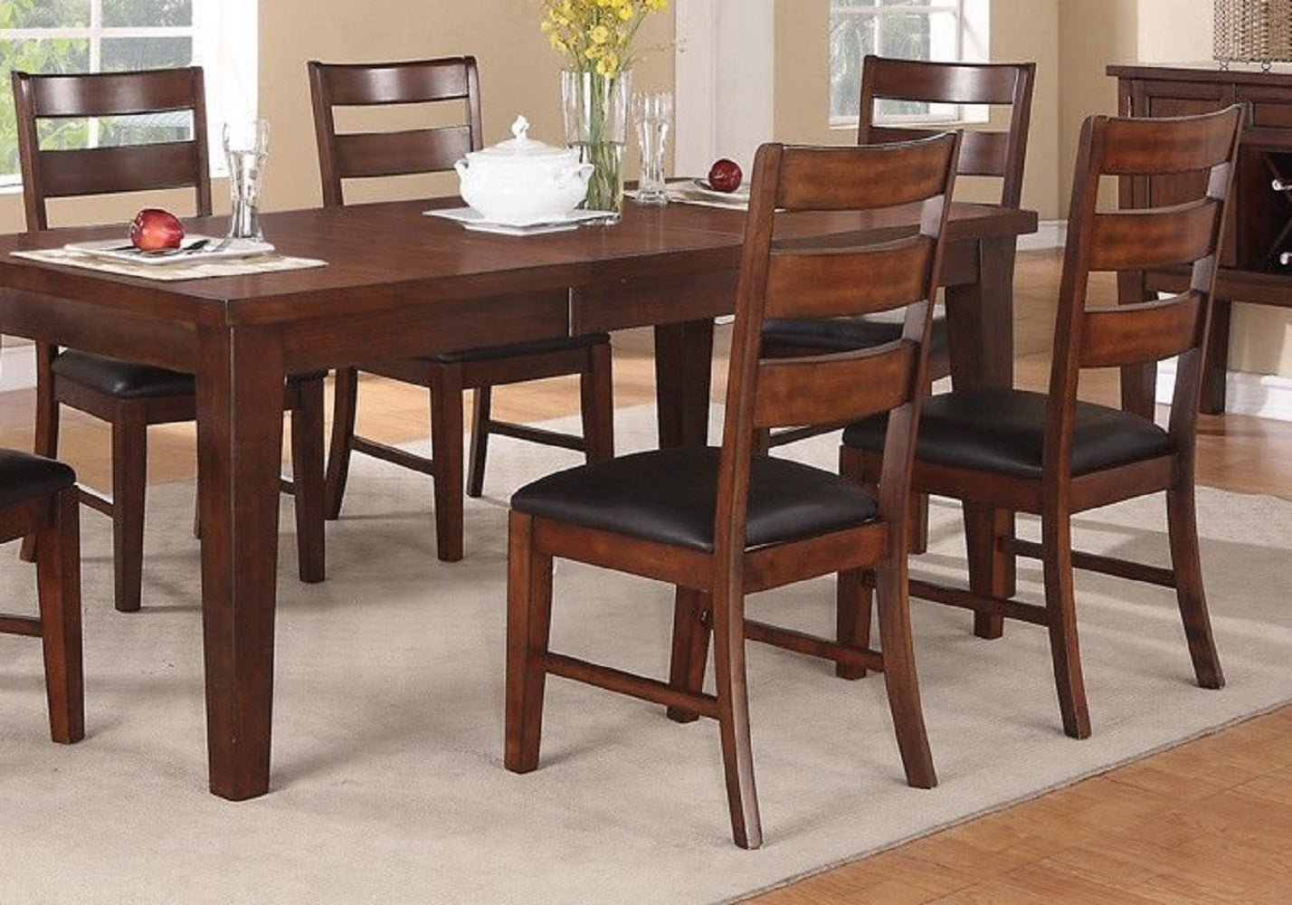 Antique Walnut Finish Solid Wood Set of 2pc Chairs Dining Chair Ladder Back Cushion Seats - 1st Choice Furniture Direct