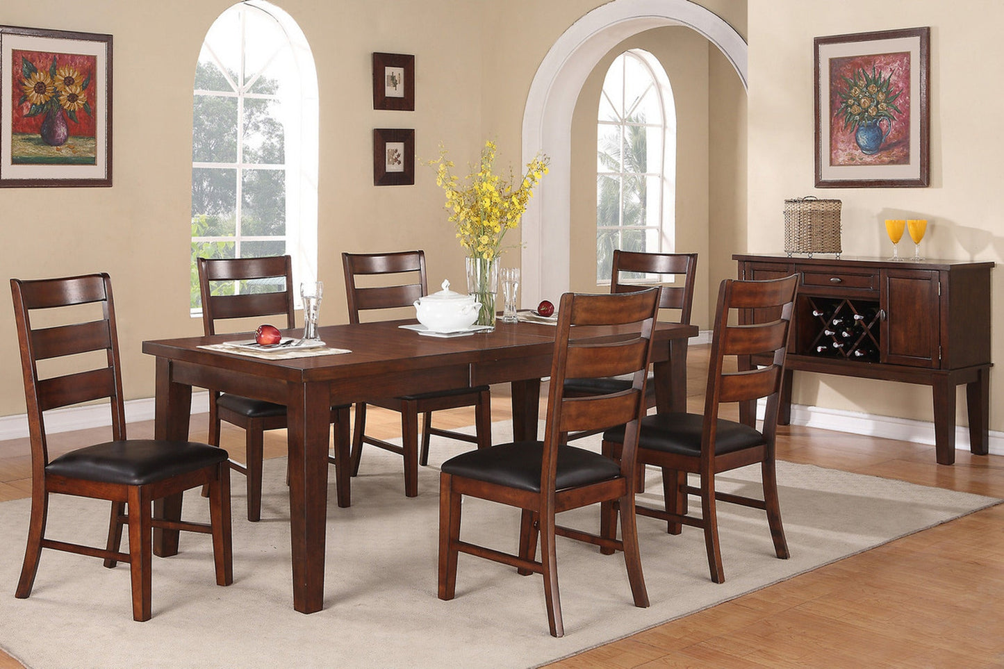 Antique Walnut Finish Solid Wood Set of 2pc Chairs Dining Chair Ladder Back Cushion Seats - 1st Choice Furniture Direct