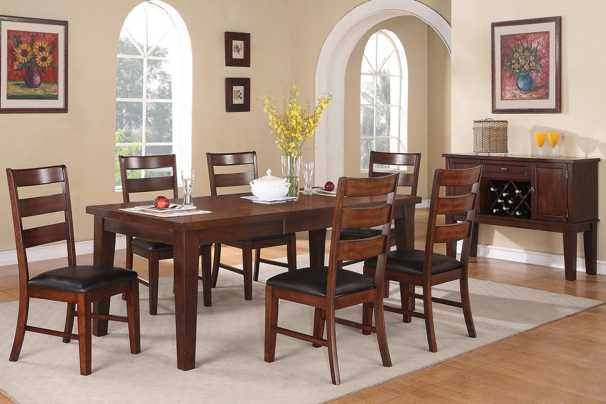 Antique Walnut Finish Solid Wood Set of 2pc Chairs Dining Chair Ladder Back Cushion Seats - 1st Choice Furniture Direct
