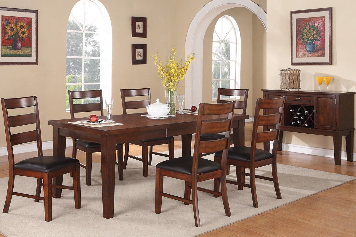 Antique Walnut Finish Solid Wood Set of 2pc Chairs Dining Chair Ladder Back Cushion Seats - 1st Choice Furniture Direct