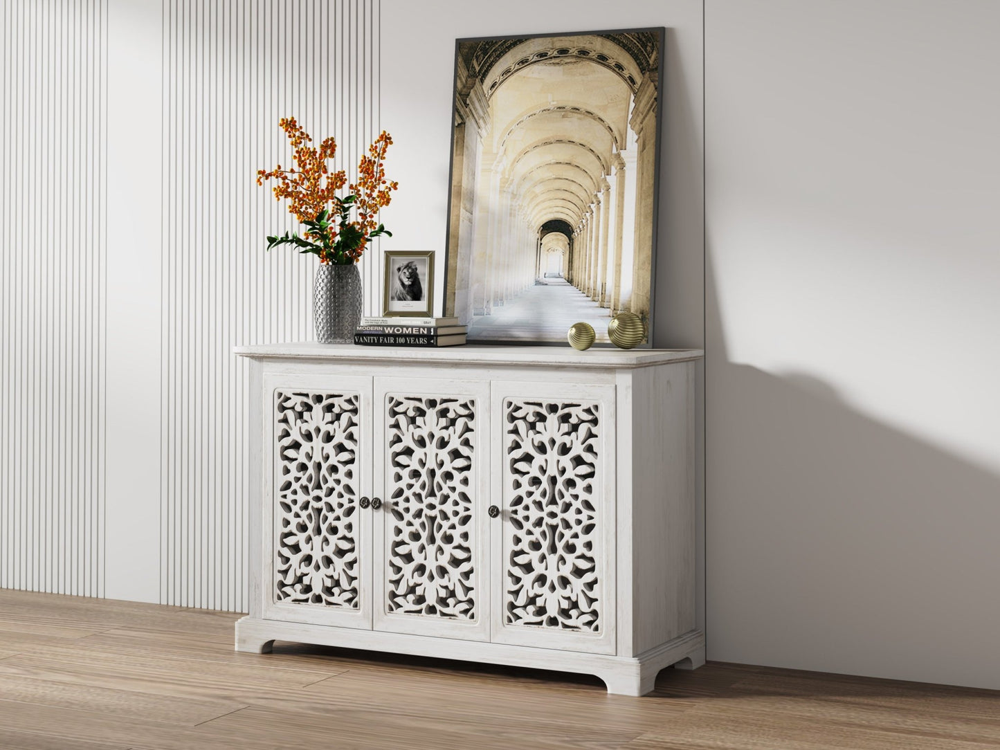 Antique White Buffet Cabinet with Storage | Rustic Farmhouse Accent Cabinet - 1st Choice Furniture Direct