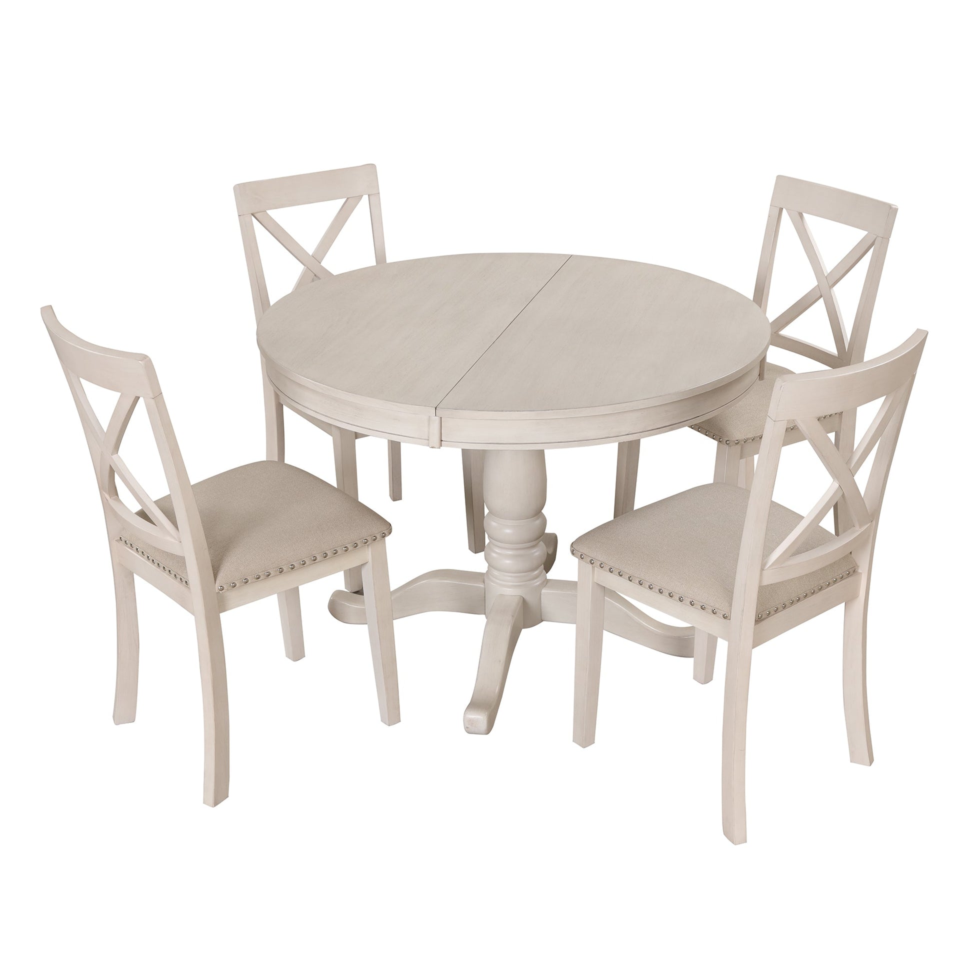 Antique White Modern Dining Table Set for 4 with Round Table and Chairs, Solid Wood & MDF - 1st Choice Furniture Direct