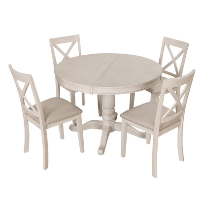 Antique White Modern Dining Table Set for 4 with Round Table and Chairs, Solid Wood & MDF - 1st Choice Furniture Direct