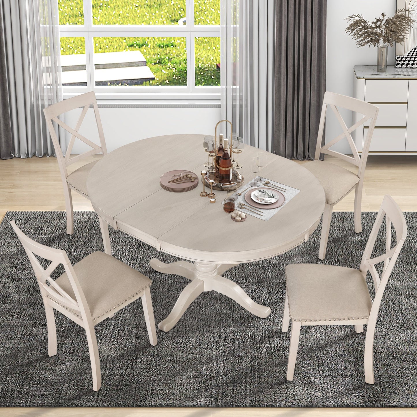 Antique White Modern Dining Table Set for 4 with Round Table and Chairs, Solid Wood & MDF - 1st Choice Furniture Direct
