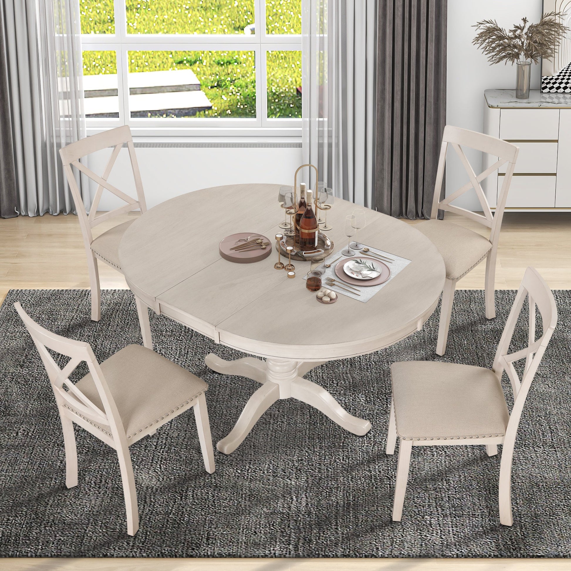 Antique White Modern Dining Table Set for 4 with Round Table and Chairs, Solid Wood & MDF - 1st Choice Furniture Direct