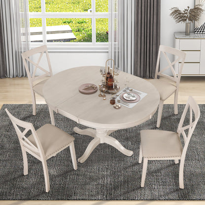 Antique White Modern Dining Table Set for 4 with Round Table and Chairs, Solid Wood & MDF - 1st Choice Furniture Direct