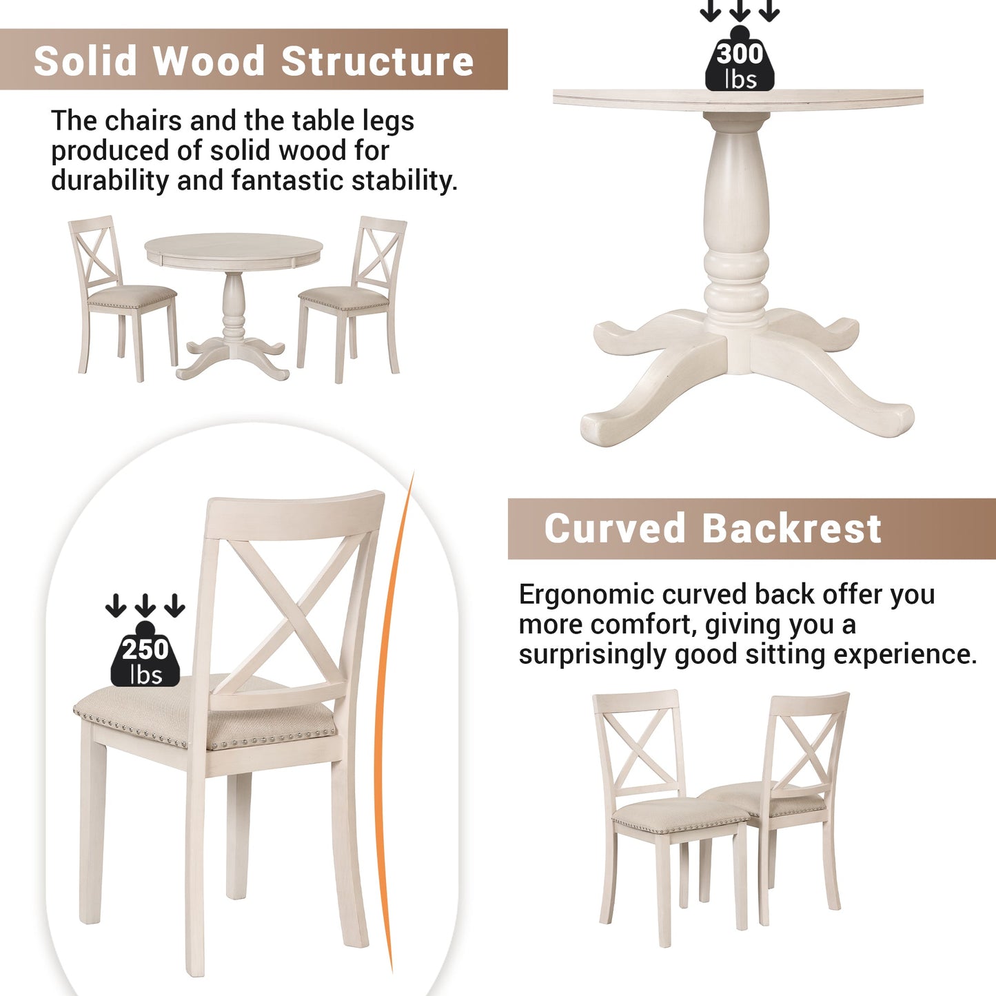 Antique White Modern Dining Table Set for 4 with Round Table and Chairs, Solid Wood & MDF - 1st Choice Furniture Direct