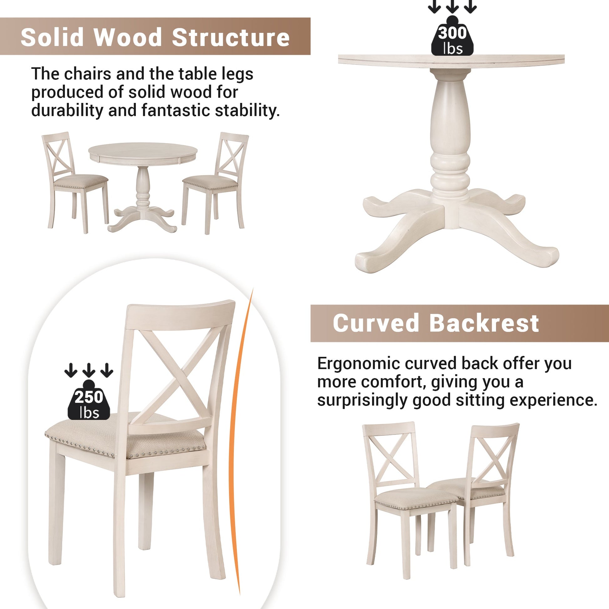 Antique White Modern Dining Table Set for 4 with Round Table and Chairs, Solid Wood & MDF - 1st Choice Furniture Direct